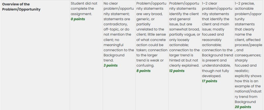 Rubric for overview of the problem/opportunity